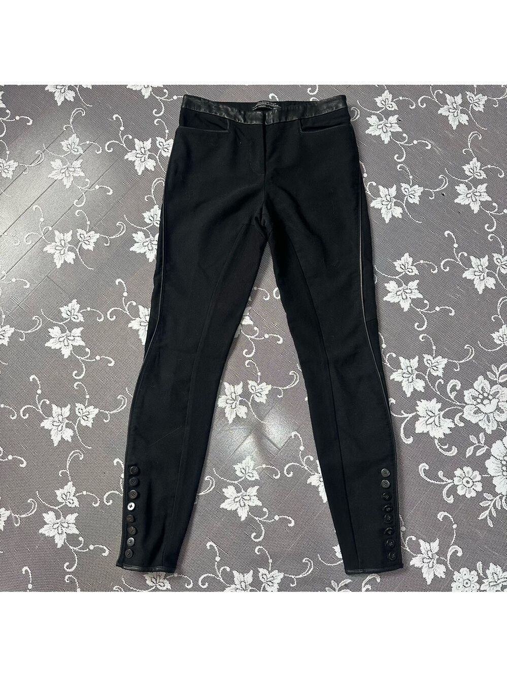 All Saints Black Skinny Wool Trousers Leather Trim Buttoned Hems Sz 2